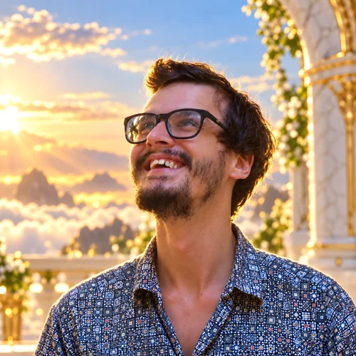 Alek Dumas smiling, looking up into golden light.