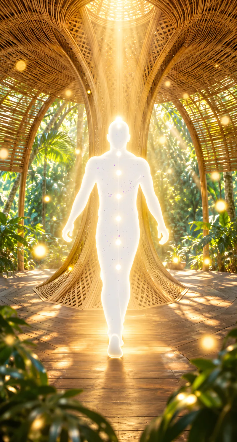 A glowing human stands upright in a column of golden light inside a woven bamboo pavilion.