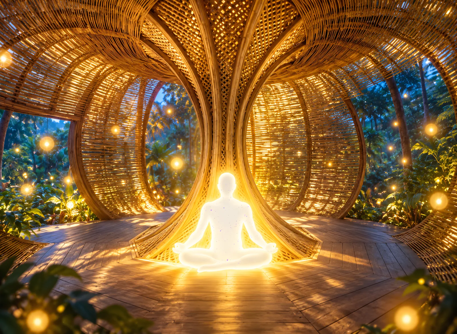 A glowing human sits in meditation at the base of the woven bamboo pavilion at twilight, lighting up the weave.