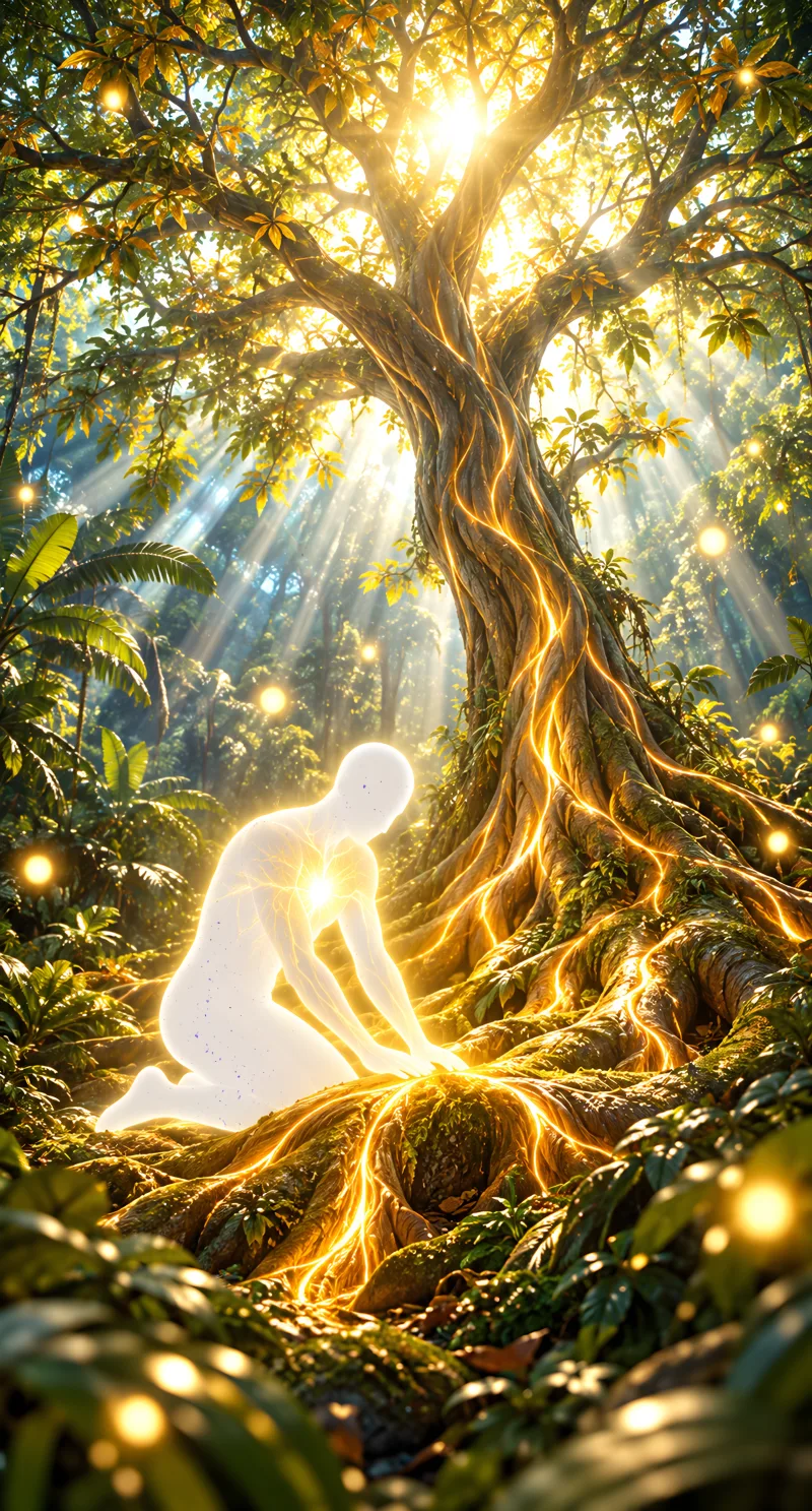 A glowing human kneels with both hands on the glowing golden roots of a giant tree of life; light flows up into the heart.