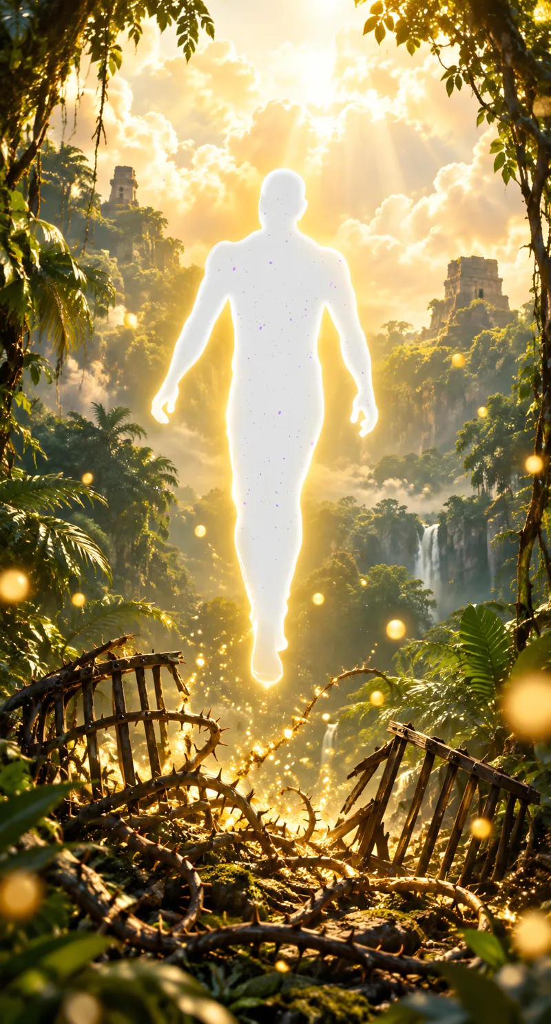 A glowing human rises above the jungle floor while dark vines and a broken cage below dissolve into golden light.