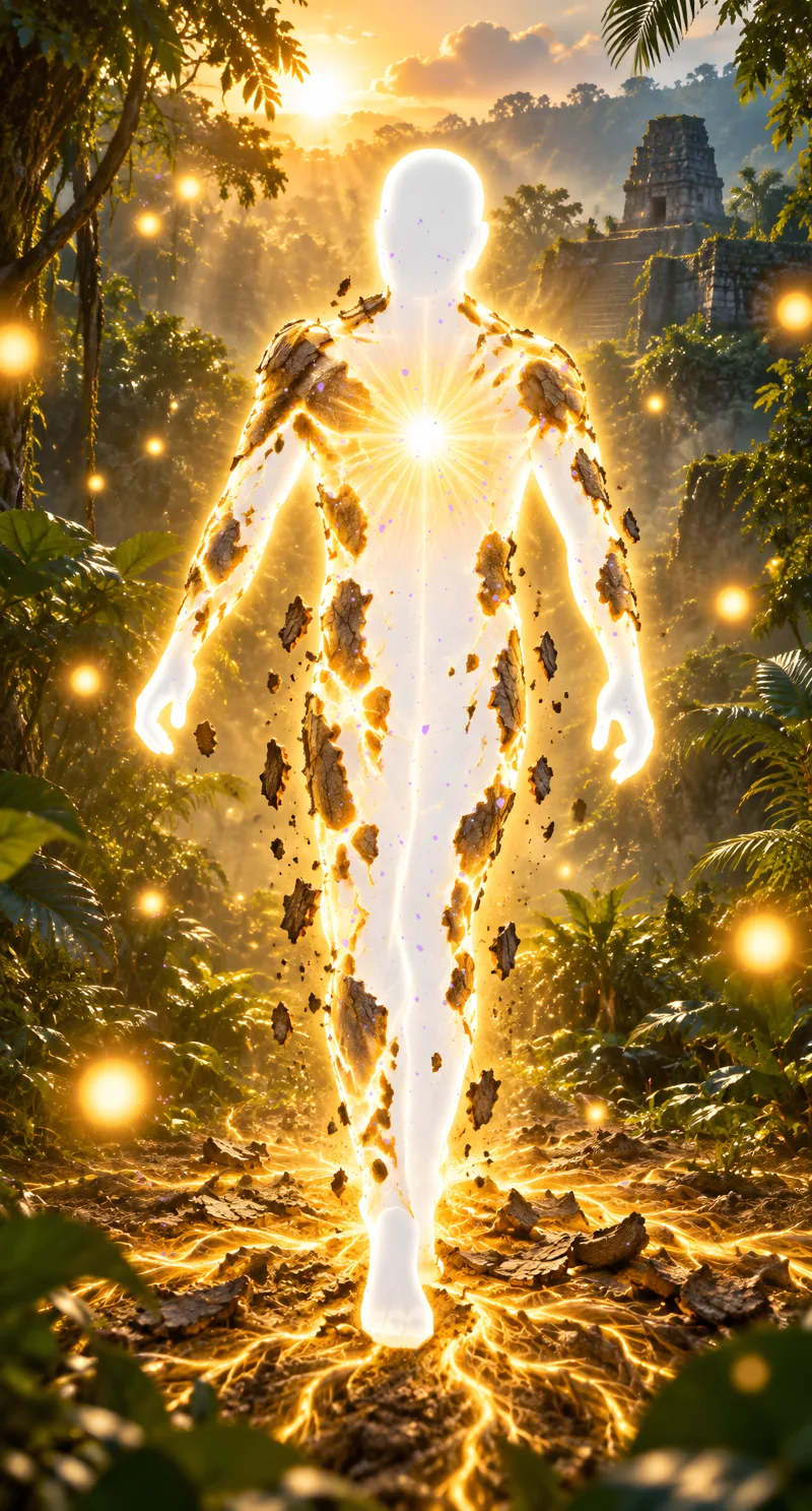 A glowing human in the jungle at dawn; a crust of dry bark breaks away from the body and golden light pours out from within.