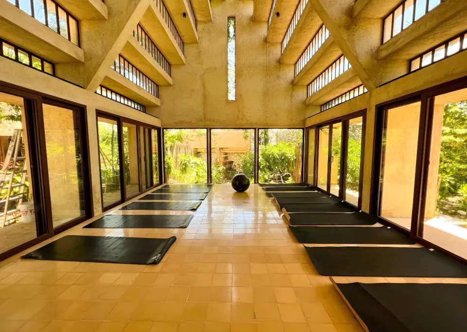 A tall yoga hall with mats on the floor and windows to the garden.